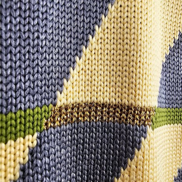 Vintage Retro Pattern Open Front Knit Gray And Yellow Metallic Cardigan Sweater - Picture 3 of 5